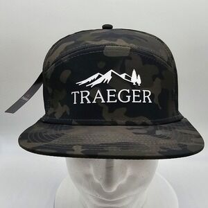 Traeger Wood Fired Grill Hat Cap 5 Panel Snapback Camo Green Black Adjustable